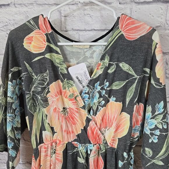 Oddi NWT Gray Floral Jersey Knit Dress Surplice Kimono Sleeve Soft Comfy Casual - Picture 2 of 15